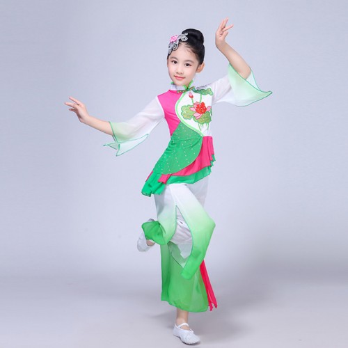 Kids Chinese folk dance costumes for girls green gradient stage performance fairy traditional yangko dance dresses